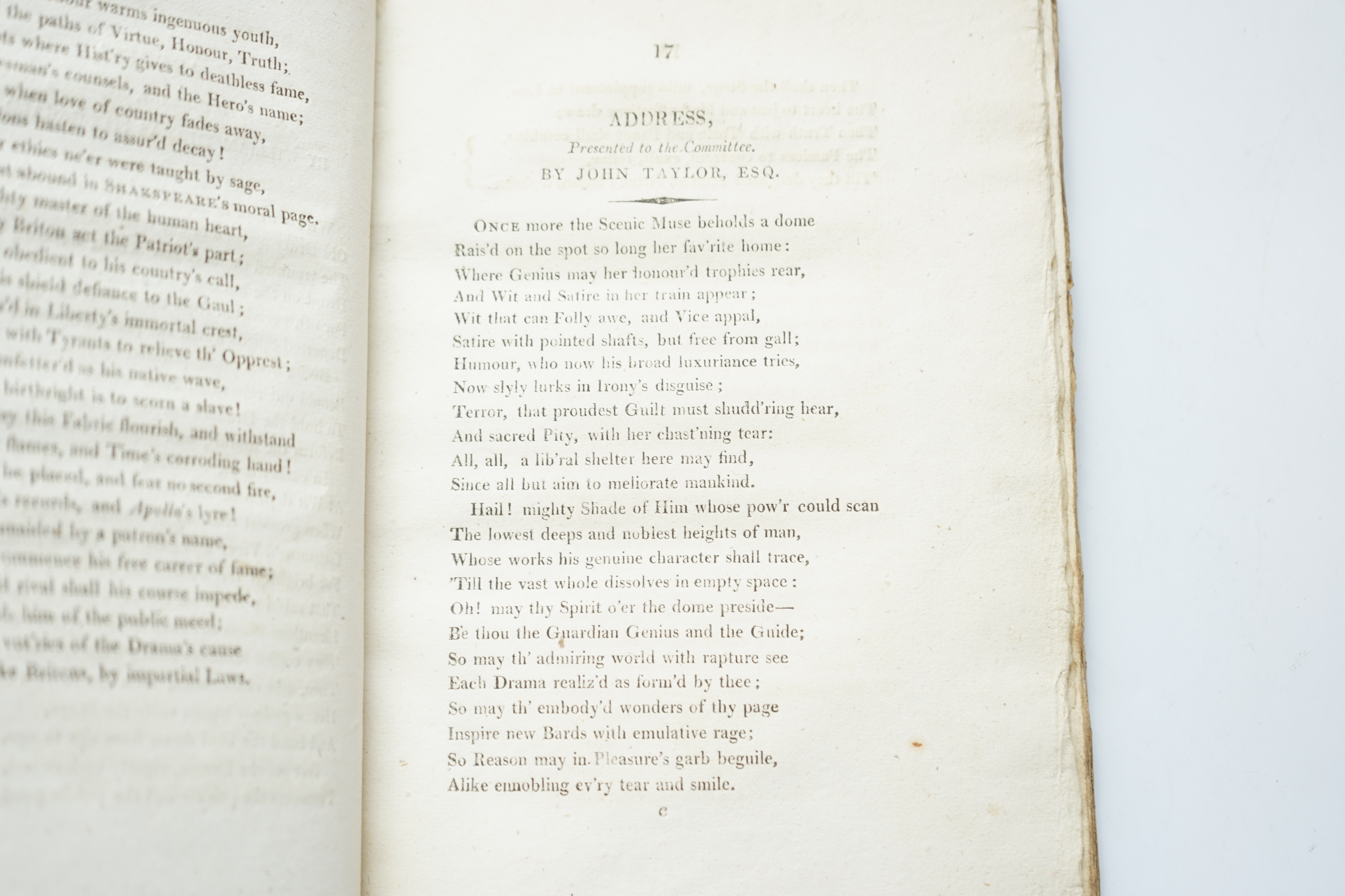 Byron, George Gordon Noel, Lord - The Genuine Rejected Address, presented to the Committee of Management for Drury-Lane Theatre, 1st (and only) edition, 8vo, original boards, lacks label to spine and half title, edges un